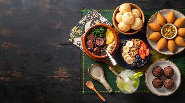 Overhead Brazilian food flat lay with feijoada, coxinha, brigadeiro and cocktail on dark wood with copy space