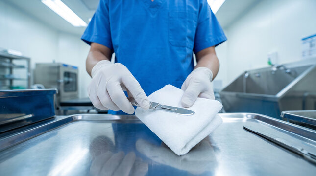 Man Cleaning Scalpel for Sterilization and Infection Control