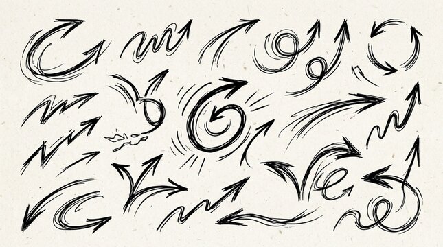 Hand-Drawn Arrows Collection - Grunge Style, Black Ink on Textured Paper