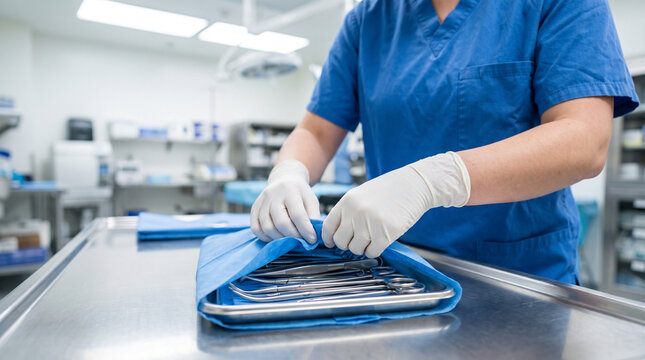 Woman Wrapping Instruments for Sterilization and Infection Control