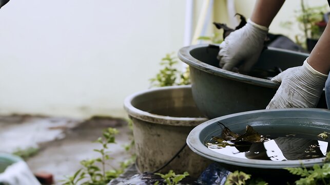 ublic health worker in protective gloves checks outdoor containers with stagnant water and leaves, vector control concept for mosquito prevention, sanitation and environmental health