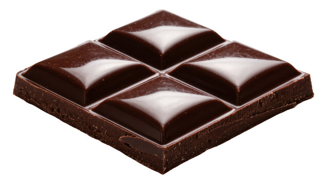 Dark chocolate bar with four square segments, isolated on transparent background