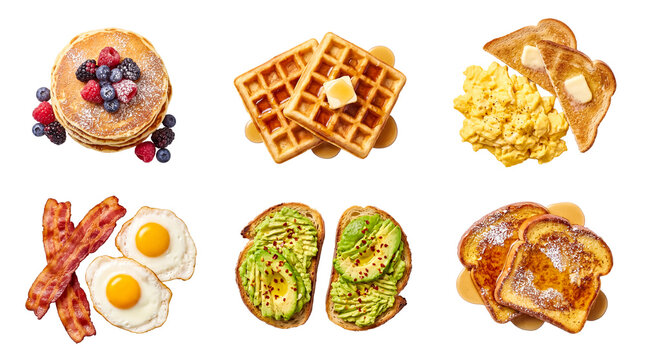Delicious breakfast and brunch items served on white plates