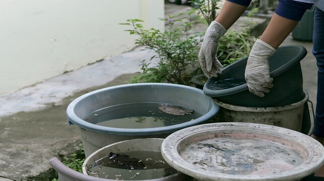 Specialist wearing protective gloves inspects containers with stagnant water outdoors, mosquito breeding prevention concept for public health, sanitation and vector control content