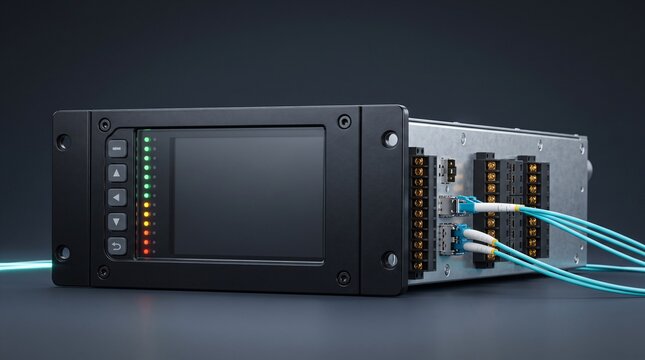 Commercial macro product photograph of intelligent electronic device ied digital line differential protection relay for automated high voltage electrical substation switchgear protection panels