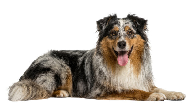 Merle Australian Shepherd dog lying down panting with tongue out, isolated on transparent background