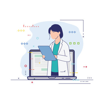 Online doctor consultation vector illustration. Female physician holding clipboard standing out from laptop screen. Telemedicine and digital healthcare concept.