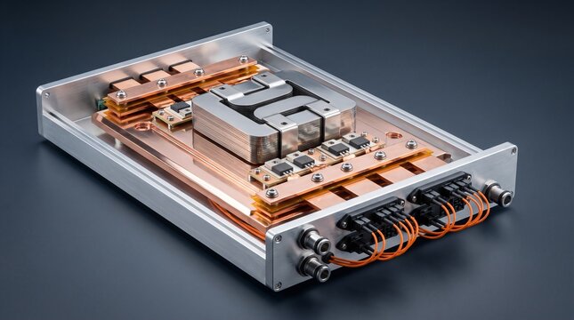 Commercial product studio photograph of smart solid state transformer sst power electronic cell module with planar nanocrystalline core and silicon carbide mosfets for medium voltage microgrid