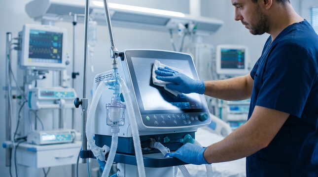 Sterilization and Infection Control: Man Cleaning Ventilator
