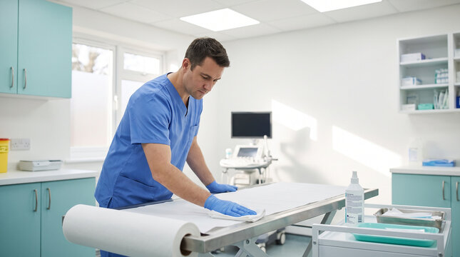 Man Disinfecting Treatment Room, Sterilization and Infection Control