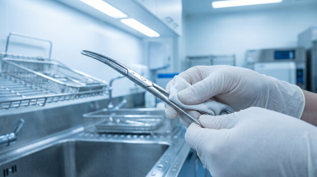 Sterilization and Infection Control: Man Cleaning Forceps