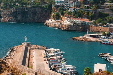 Obraz premium Kaleici Marina entrance with boats and Mediterranean cliffs in Antalya Turkey