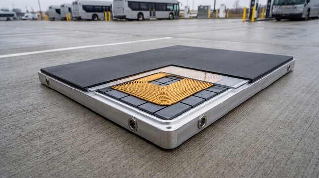 High end commercial industrial photograph of resonant inductive wireless ev charging ground magnetic pad with copper litz wire coil and sintered ferrite tiles for megawatt vehicle to grid system