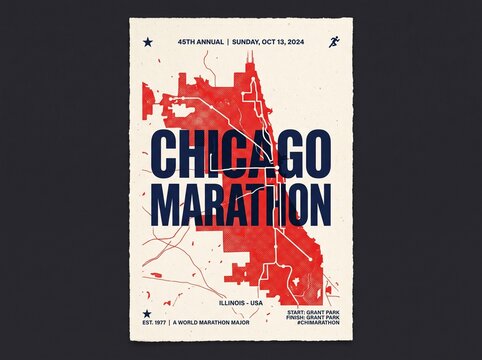 Minimalist poster for the Chicago Marathon featuring a red stylized city map graphic overlay with bold dark blue typography on a textured off-white background.