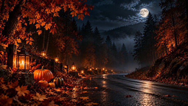Atmospheric autumn forest road illuminated by glowing lanterns and pumpkins beneath a dramatic full moon, creating a mysterious Halloween landscape with cinematic depth