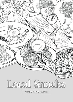 Onde-onde traditional sweet snack design layout in outline style