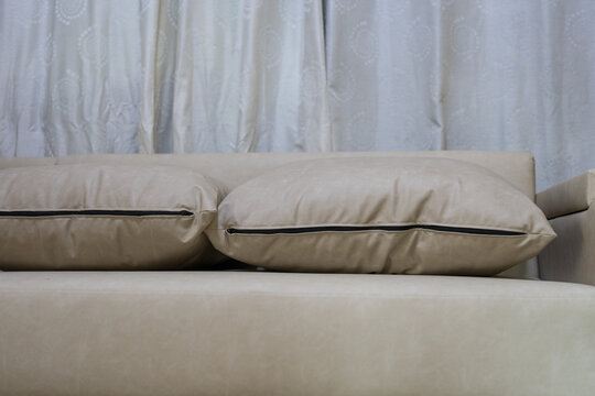 Two beige cushions on a couch in home