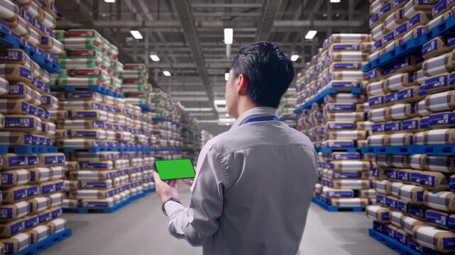 Back View Of An Asian Male Professional Worker Standing at Warehouse Stacked Cement Bags Pallets, Checking On Smartphone With Green Screen And Look At The Factory Once