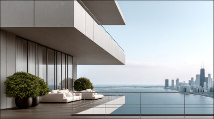 Obraz premium Side view of luxury apartment balcony with modern sofa, glass railing, city skyline, and lake view, peaceful atmosphere