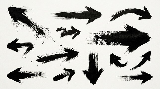 Black ink arrows, brush strokes, directional pointers on white background