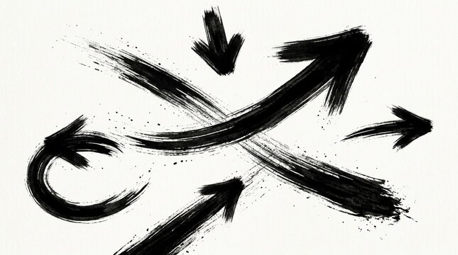 Black Ink Arrows, Directional Symbols, Abstract Brush Strokes, Grunge Style
