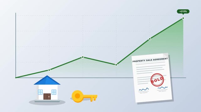 A large growth chart dominating the frame, showing upward trend. Below it, a miniature house and a key. Beside it, a property sale and purchase document.