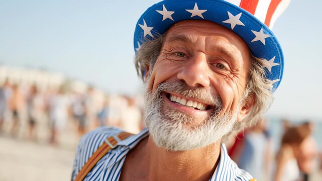 Happy elderly man in patriotic American hat and sunglasses at outdoor celebration