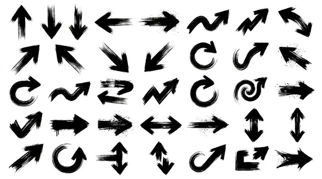 Collection of Black Brush Stroke Arrows on White Background
