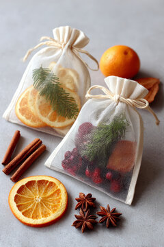 Dried citrus and spice sachets with cinnamon, star anise, orange, and evergreen botanicals on a gray tabletop still life