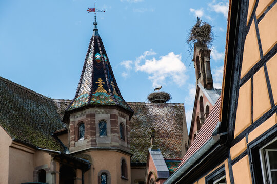 Stork nest on rooftop in Eguisheim Alsace
