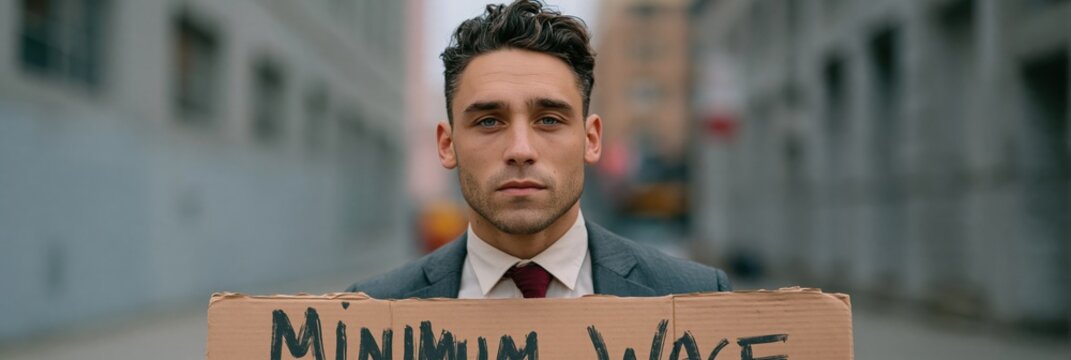 Young professional holding minimum wage cardboard sign in an alleyway street for protest campaign banner and social justice advocacy background