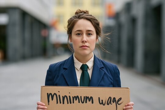 Young woman in suit holding a cardboard "minimum wage" sign for protest poster and social campaign design