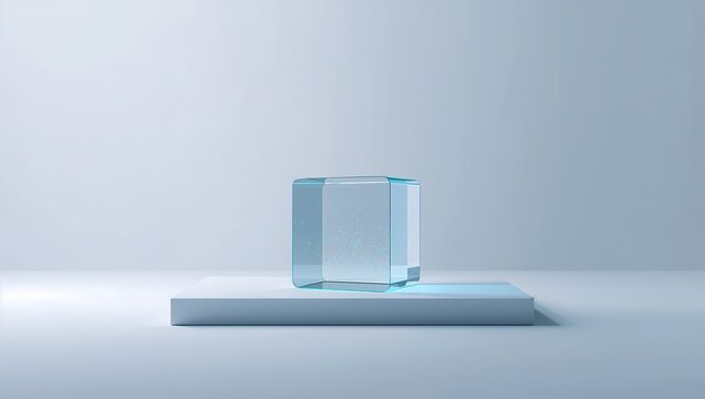 Generative AI transparent glass cube on a white platform in minimalist setting