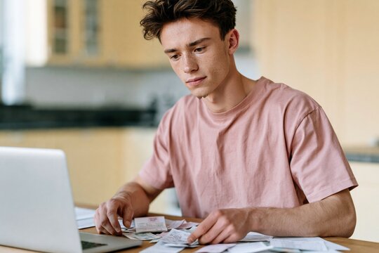 Young man arranging bills and receipts at laptop for monthly budgeting and financial planning background for household expense management