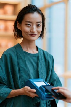 Retail contactless payment portrait of smiling woman using card terminal for store banner design
