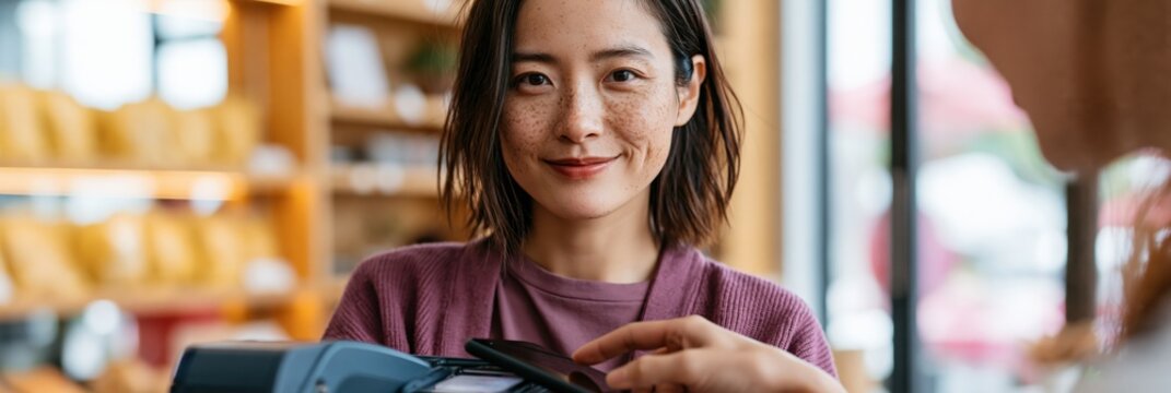 Retail cashier portrait of smiling woman holding payment terminal for store banner and checkout background