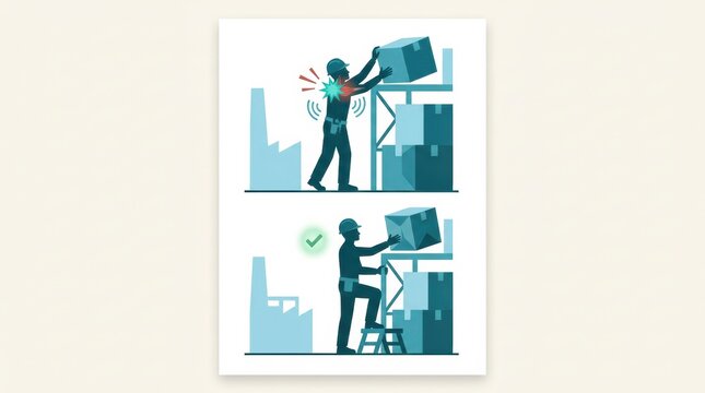 A worker lifts a box improperly, showing a hazard, while another worker safely lifts a box using a step stool to promote better posture