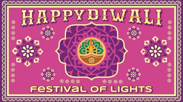 Diwali Celebration. Pink 4K loop Diwali frame with "Happy Diwali Festival of Lights" text, central diya lamp and rangoli patterns. Ideal for festive promo ads, TV broadcast, social posts and banners.