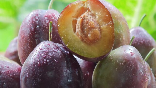 Fresh plum halved showing seed