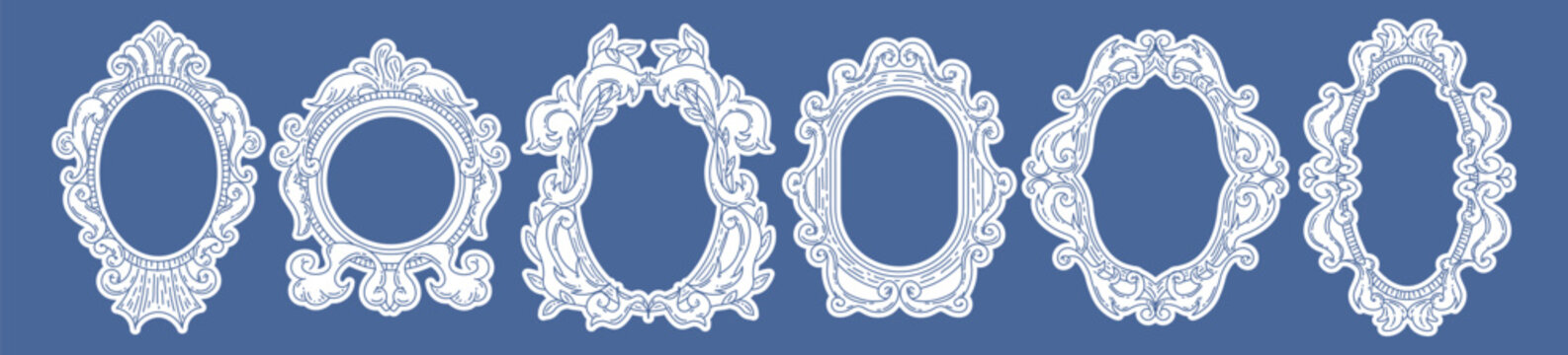 Baroque doodle frame with ornate border and elegant oval mirror design. Antique victorian ornament with vintage wedding art elements. Rococo outline shape with ribbon and fancy decorative patterns.