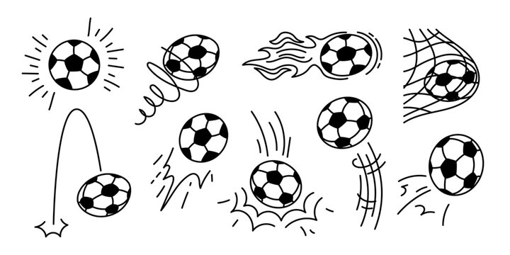 Soccer ball bounce effect with black movement lines and speed trail. Football icon illustration with fast flying motion, doodle outline and energetic trajectory for sports game design elements.