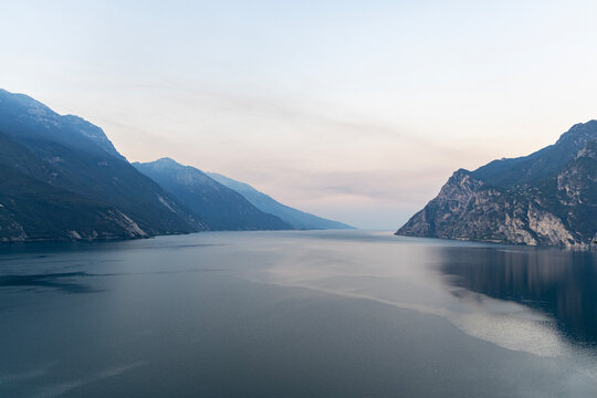 Lake Garda with mountain panorama near the town of Riva del Garda, Italy.
