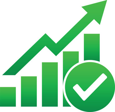 Green upward trending bar chart with check mark symbol representing growth and success in business analytics