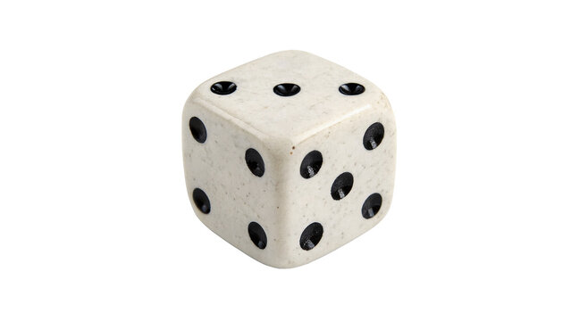 Single white six sided gaming dice cube with black dots on transparent background