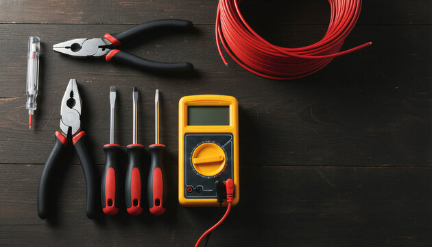 Electrician tools and multimeter with wires on wooden background. Set of equipment for electrical installation work and repair. Professional hardware for maintenance and circuit test.
