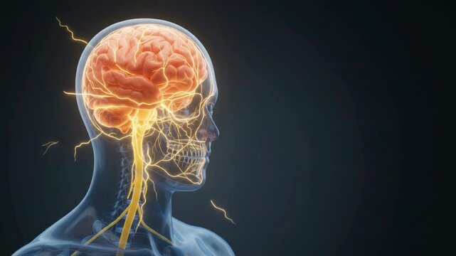 3D medical illustration video of a human brain and central nervous system within a transparent head silhouette, profile view on a dark background.