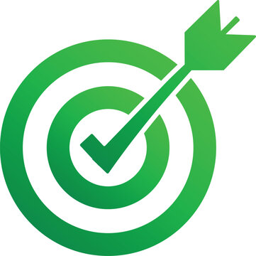 Vector illustration of a green target with a checkmark and arrow hitting the bullseye for goal achievement