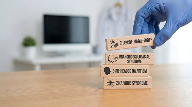 A hand wearing a blue medical glove holds wooden blocks with rare disease and virus names written on them transparent background