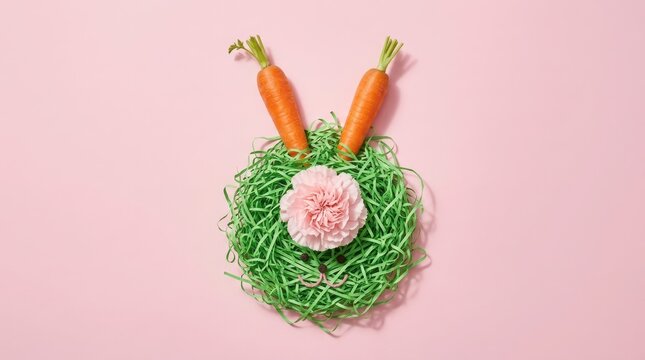 Creative easter bunny face made with fresh carrots and green grass on a soft pink background for spring holiday celebration
