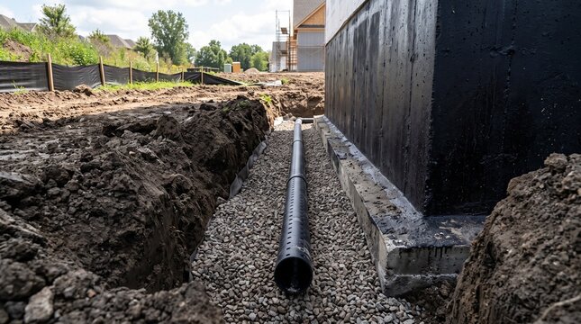 Foundation drainage pipe laid in gravel trench next to building exterior during construction